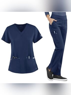 Uniform Advantage Easy Stretch Navy V-Neck Scrub Top and Pants Set Size L NWT
